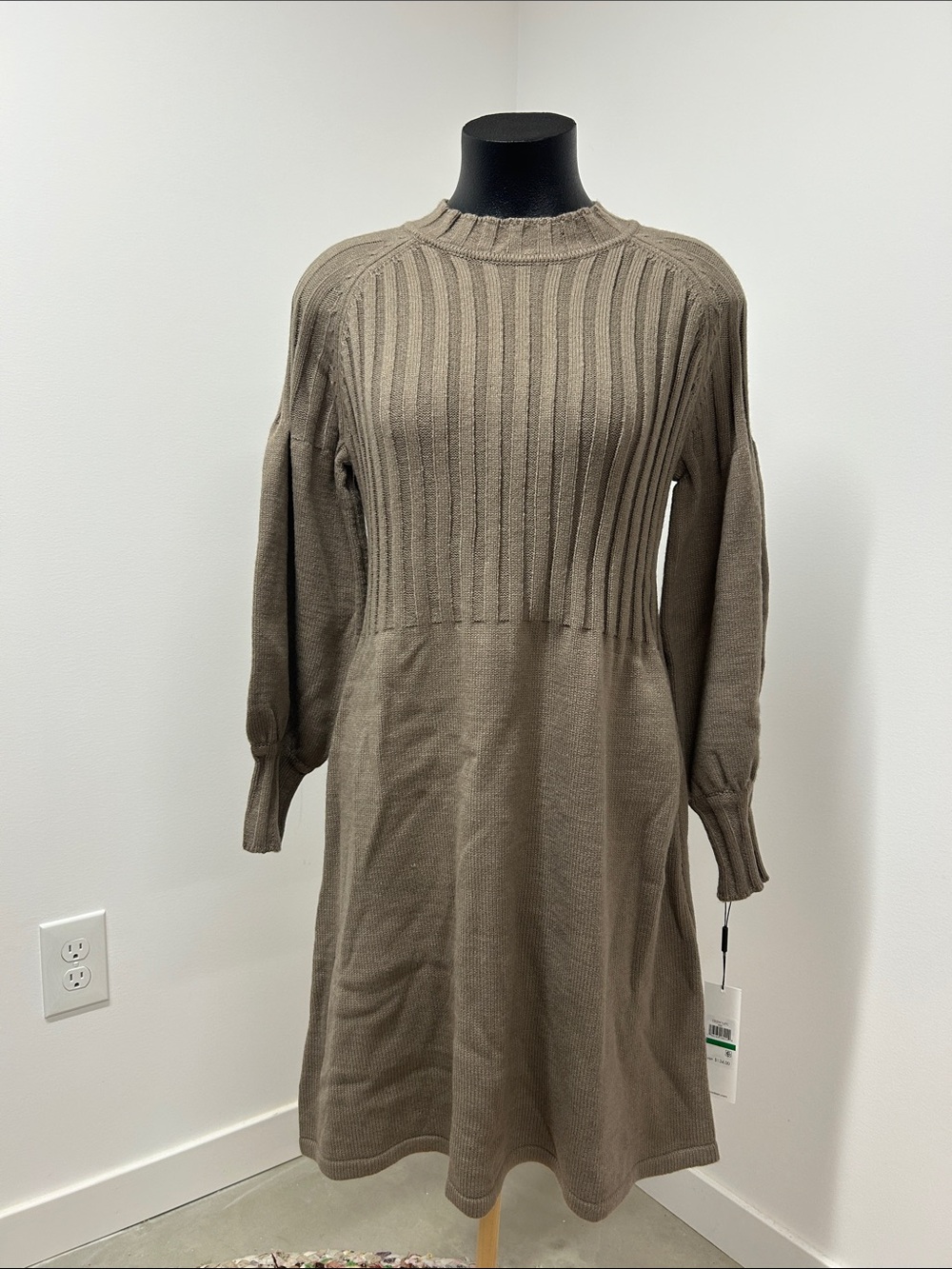 Calvin Klein Ribbed Knit Long-Sleeve Dress in Taupe